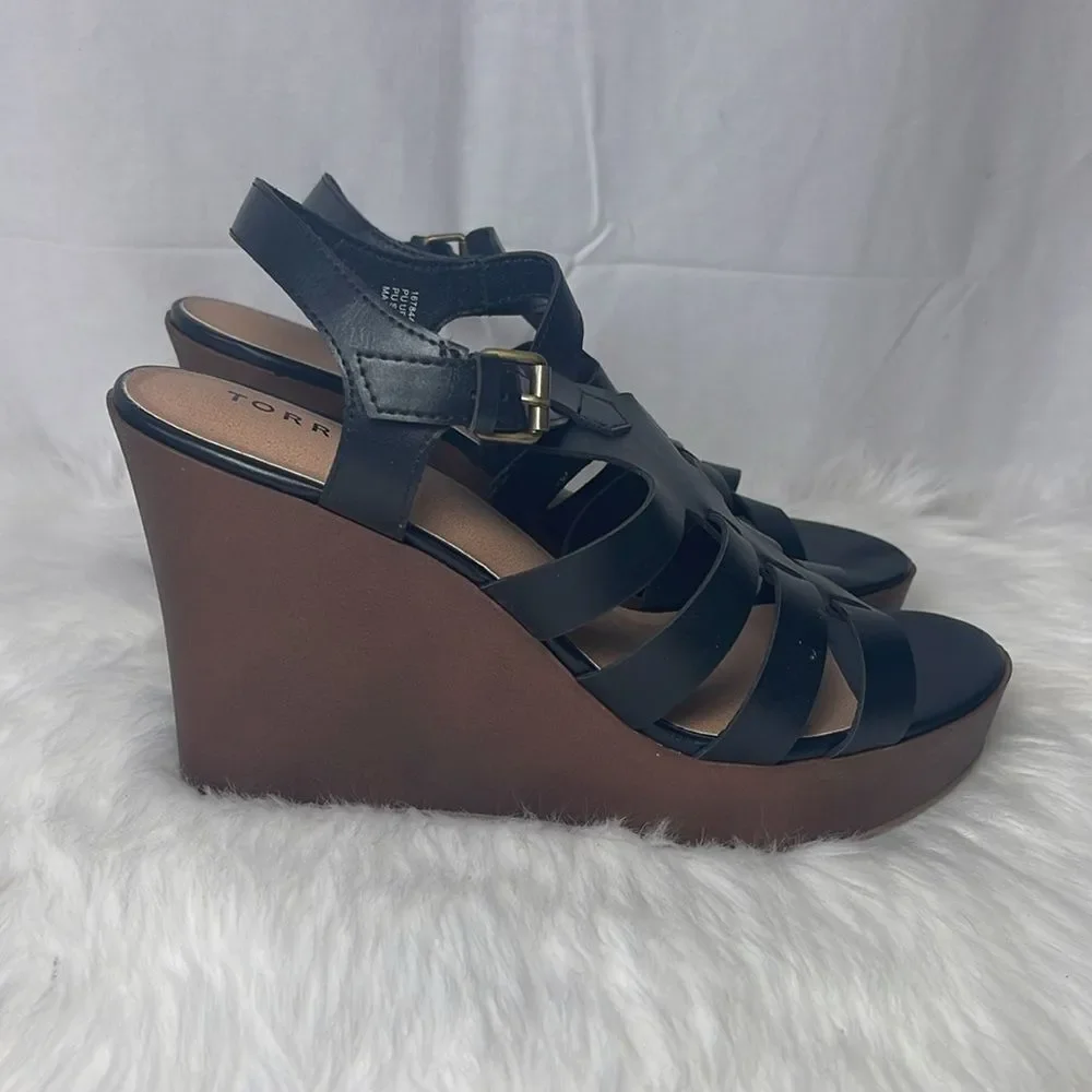 Torrid Black NWT Faux Leather Fisherman Wooden Wedge‎ Platform Sandals Sz 12WW